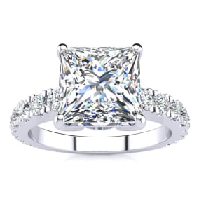 3 1/2 Carat Natural Princess Cut Diamond Engagement Ring Including 2 1/2 Carat Natural Center Diamond In 14K White Gold