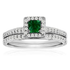 1/2ct Pave Emerald and Diamond Bridal Set in 14k White Gold
