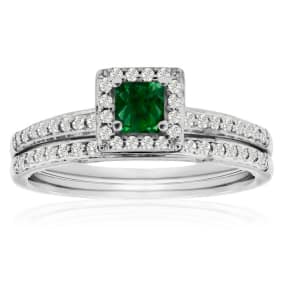 1/2ct Pave Emerald and Natural Diamond Bridal Set in 14k White Gold
