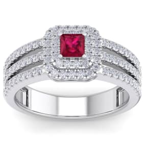 1 Carat Natural Princess Shape Double Halo Ruby and Diamond Engagement Ring In 14 Karat White Gold