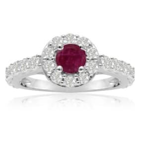 1 1/2 Carat Natural Halo Diamond and Ruby Engagement Ring in 14 Karat White Gold

