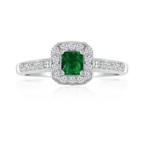 Hansa 2/3 Carat Natural Emerald and Diamond Princess Engagement Ring in 14k White Gold
