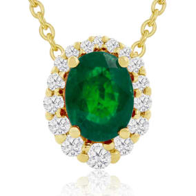 2-9/10 Carat Oval Shape Emerald Necklaces With Diamond Halo In 14 Karat Yellow Gold, 18 Inch Chain