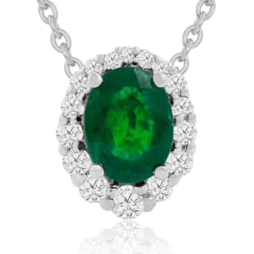 2-9/10 Carat Oval Shape Emerald Necklaces With Diamond Halo In 14 Karat White Gold, 18 Inch Chain