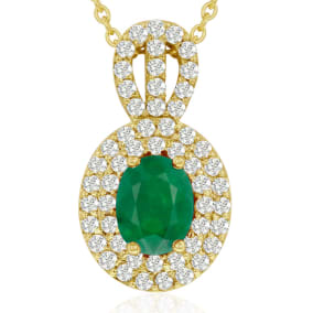 3-1/2 Carat Oval Shape Emerald Necklaces With Diamonds In 14 Karat Yellow Gold, 18 Inch Chain