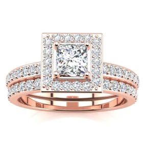 1 Carat Princess Cut Pave Halo Diamond Bridal Set in 14k Rose Gold
