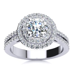 1 1/2 Carat Natural Double Halo Round Diamond Engagement Ring in 14K White Gold
