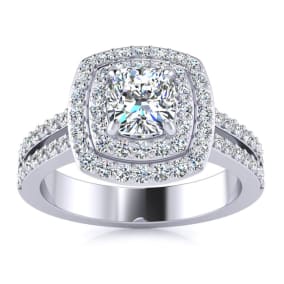 1 1/2 Carat Natural Double Halo Cushion Cut Diamond Engagement Ring in 14 Karat White Gold
