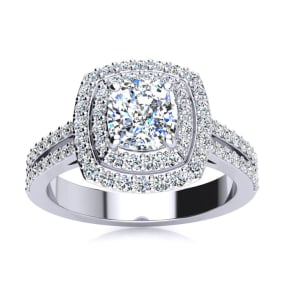 2 Carat Natural Double Halo Cushion Cut Diamond Engagement Ring in 14 Karat White Gold