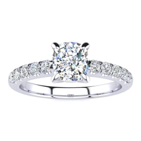 1 1/3 Carat Natural Traditional Diamond Engagement Ring with 1 Carat Natural Center Cushion Cut Solitaire In White Gold 