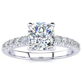 1 3/4 Carat Natural Traditional Diamond Engagement Ring with 1 1/2 Carat Natural Center Cushion Cut Solitaire In White Gold 