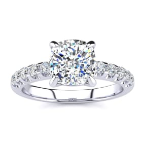 2 1/3 Carat Natural Traditional Diamond Engagement Ring with 2 Carat Natural Center Cushion Cut Solitaire In White Gold 