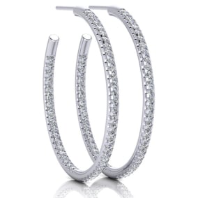 14K White Gold 1 Carat Natural Diamond Three Quarter Hoop Earrings