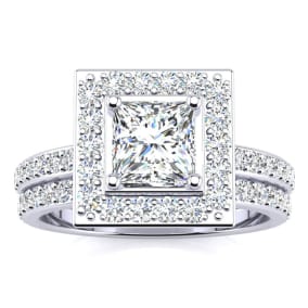 2 Carat Natural Princess Cut Halo Diamond Bridal Set in 14k White Gold