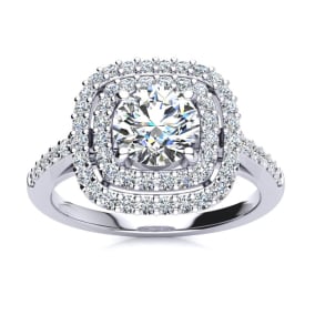 1 1/2 Carat Natural Double Halo Diamond Engagement Ring in 14k White Gold 