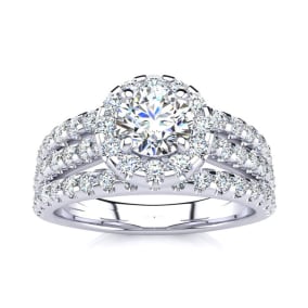 1 1/2 Carat Natural Round Halo Diamond Engagement Ring in 14 Karat White Gold