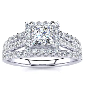 1 Carat Natural Elegant Princess Cut Halo Diamond Engagement Ring In 14 Karat White Gold