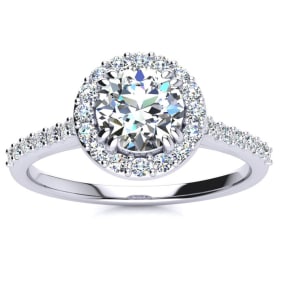 1 Carat Natural Round Halo Natural Diamond Engagement Ring in 14K White Gold. Very Popular, Super Beautiful, Classically Elegant
