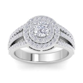 Cheap Engagement Rings, 1 Carat Double Halo Diamond Engagement Ring In 14 Karat White Gold