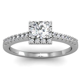 1/2 Carat Natural Square Halo, Round Diamond Engagement Ring in 14k White Gold