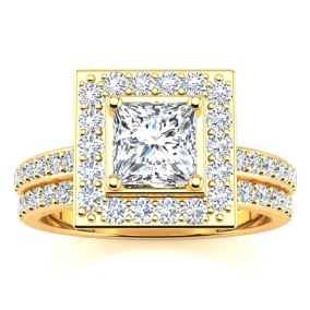 2 Carat Princess Cut Halo Diamond Bridal Set in 14k Yellow Gold