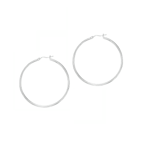 14 Karat White Gold Polish Finished 50mm Hoop Earrings With Hinge With Notched Closure