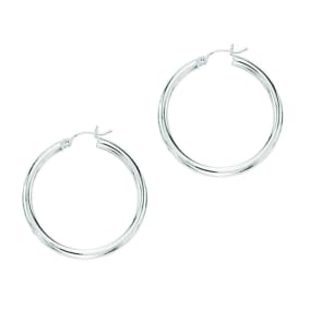 14 Karat White Gold Polish Finished 50mm Hoop Earrings With Hinge With Notched Closure