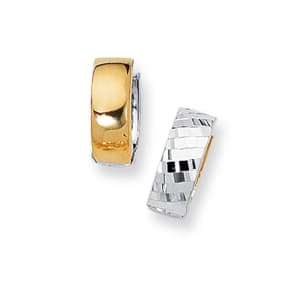 14 Karat Yellow and White Gold Polish Finished 15mm Checkered Snuggie Hoop Earrings With Hidden Snap Backs 