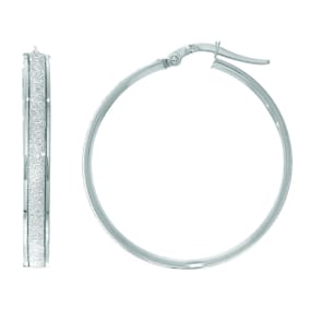 14 Karat White Gold Polish Finished 28mm Laser Finished Glitter Hoop Earrings With Hinge With Notched Closure
