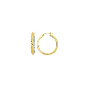 14 Karat Yellow and White Gold Polish Finished 25mm inside-out Hoop Earrings With Hinge With Notched Closure