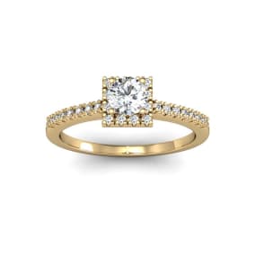 1/2 Carat Natural Square Halo With Round Brilliant Solitaire Diamond Engagement Ring in 14 Karat Yellow Gold