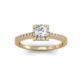 Cheap Engagement Rings, 1/2 Carat Square Halo With Round Brilliant Solitaire Diamond Engagement Ring in 14 Karat Yellow Gold