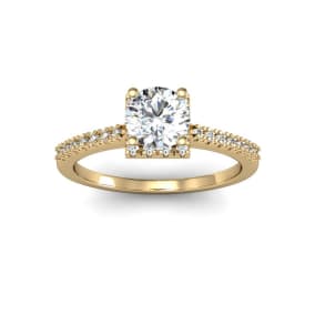 1 Carat Natural Square Halo With Round Brilliant Solitaire Diamond Engagement Ring in 14 Karat Yellow Gold