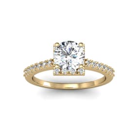 1.40 Carat Natural Square Halo With Round Brilliant Solitaire Diamond Engagement Ring in 14 Karat Yellow Gold
