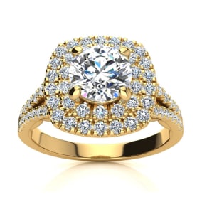1 1/2 Carat Natural Double Halo Diamond Engagement Ring in 14 Karat Yellow Gold