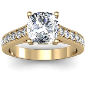 2 Carat Natural Diamond Engagement Ring With 1 1/2 Carat Natural Cushion Cut Center Diamond In 14K Yellow Gold