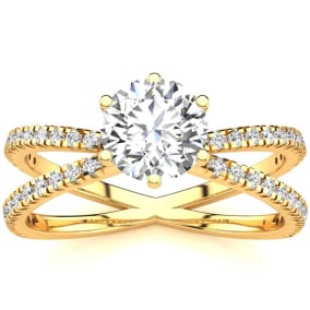 Modern X Band 1.25 Carat Natural Solitaire Engagement Ring With 48 Side Diamonds in 14K Yellow Gold