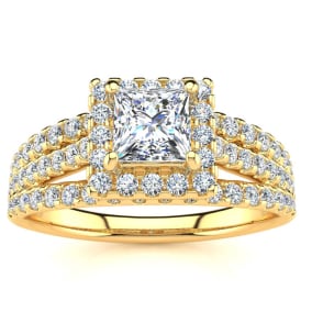 1 Carat Natural Elegant Princess Cut Halo Diamond Engagement Ring In 14 Karat Yellow Gold