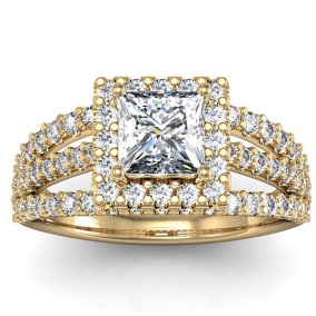 2 Carat Natural Elegant Princess Cut Halo Diamond Engagement Ring In 14 Karat Yellow Gold