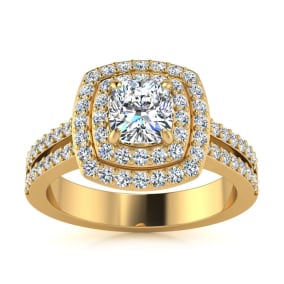 1 1/2 Carat Natural Double Halo Cushion Cut Diamond Engagement Ring in 14 Karat Yellow Gold