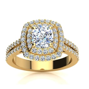 2 Carat Natural Double Halo Cushion Cut Diamond Engagement Ring in 14 Karat Yellow Gold