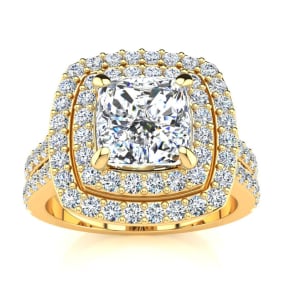 2 1/2 Carat Natural Double Halo Cushion Cut Diamond Engagement Ring in 14 Karat Yellow Gold