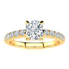 1 1/3 Carat Natural Traditional Diamond Engagement Ring with 1 Carat Natural Center Cushion Cut Solitaire In 14 Karat Yellow Gold 