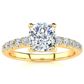 1 3/4 Carat Natural Traditional Diamond Engagement Ring with 1 1/2 Carat Natural Center Cushion Cut Solitaire In 14 Karat Yellow Gold 