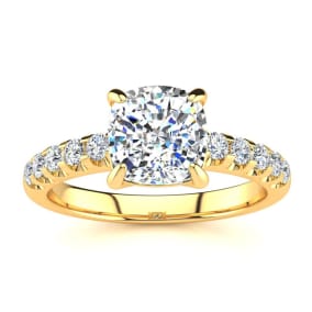 2 1/3 Carat Natural Traditional Diamond Engagement Ring with 2 Carat Natural Center Cushion Cut Solitaire In 14 Karat Yellow Gold 