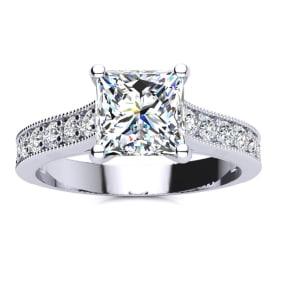 2 Carat Diamond Engagement Ring With 1 1/2 Carat Princess Cut Center Diamond In 14K White Gold