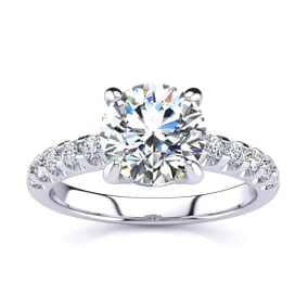 2 1/3 Carat Natural Traditional Diamond Engagement Ring with 2 Carat Natural Center Round Solitaire In 14 Karat White Gold 