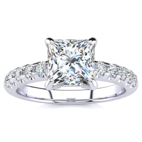 1 3/4 Carat Natural Traditional Diamond Engagement Ring with 1 1/2 Carat Natural Center Princess Cut Solitaire In 14 Karat White Gold 