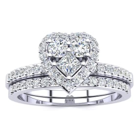 1/2 Carat Natural Heart Halo Diamond Bridal Set in White Gold