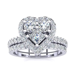 1 Carat Heart Halo Diamond Bridal Set in 14k White Gold